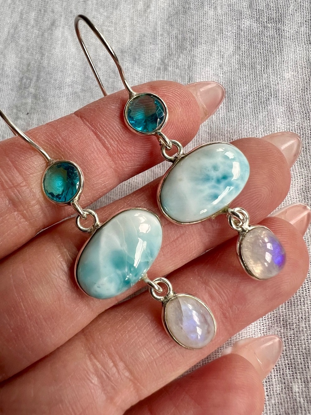 925 WOW! Larimar + Flash Moonstone + Blue Topaz Long Earrings